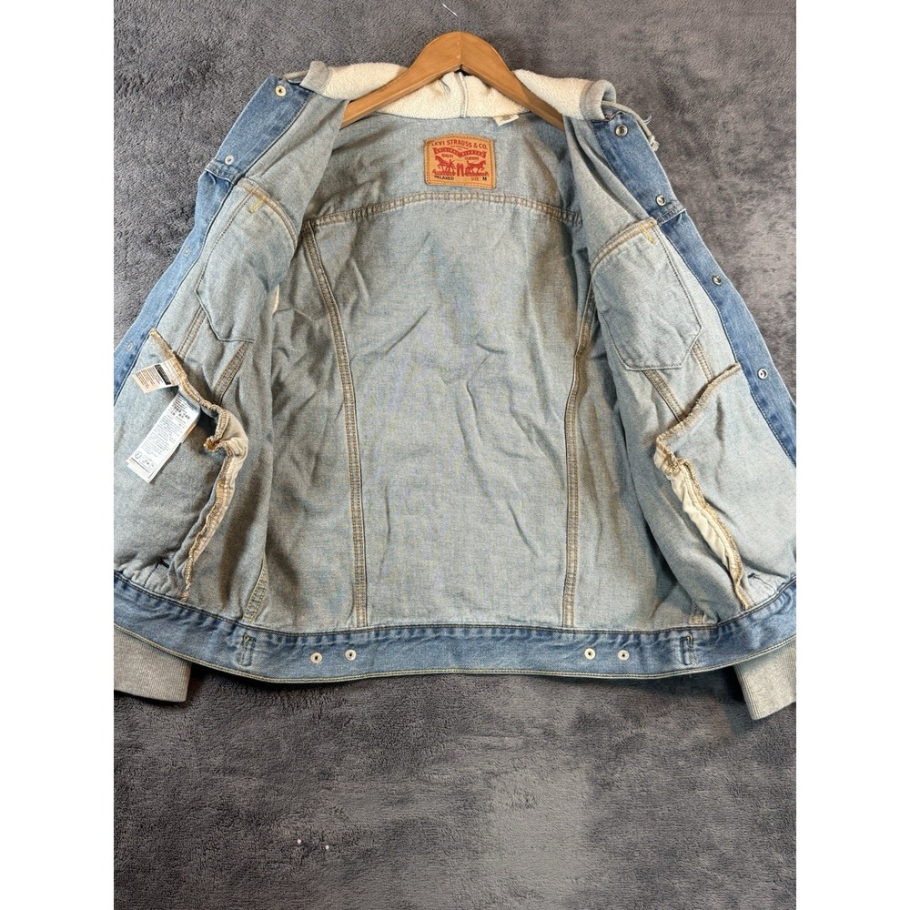 Levis Mens Hybrid Hoodie Trucker Jacket Medium Light Wash Blue Denim Grey Hood - Picture 6 of 11